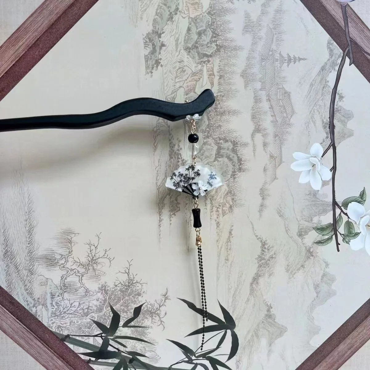 إكسسوار شعر على الطراز الصيني، لوحة غسيل بالحبر، قلادة على شكل مروحة من أوراق الخيزران، شرابة، أغطية رأس دبوس شعر بارد وأنيق #4