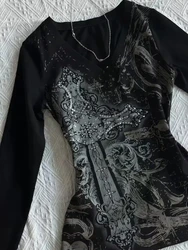 Y2k Aesthetic Flower Printing Women Grunge T-shirts Vintage Slim Harajuku Causal Black Tshirts 2025 Summer Bottoming Crop Tops