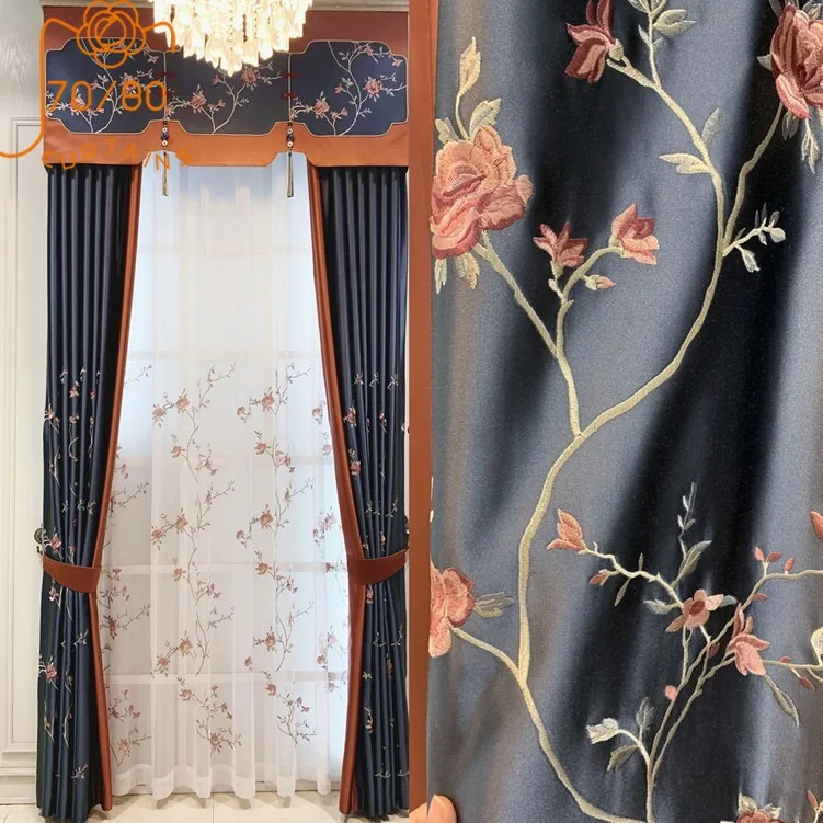 New Chinese Embroidery Window Screen Blue Mosaic Curtains for Living Room Bedroom French Window Customized Products Valance