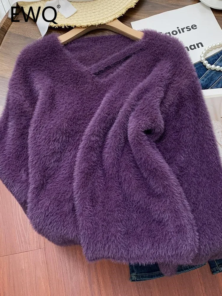 EWQ Soft Faux Mink Fur Temperament Female Purple Sweater All-match Casual Loose Women Pullover Tops 2025 Spring New 27X2250