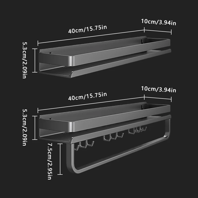 

40cm Double-deck Kitchen Rack Wall Mounted Carbon Steel Seasoning Bottle Rack Multifunctional Rag Towel Rack, Kitchen Tool Hook