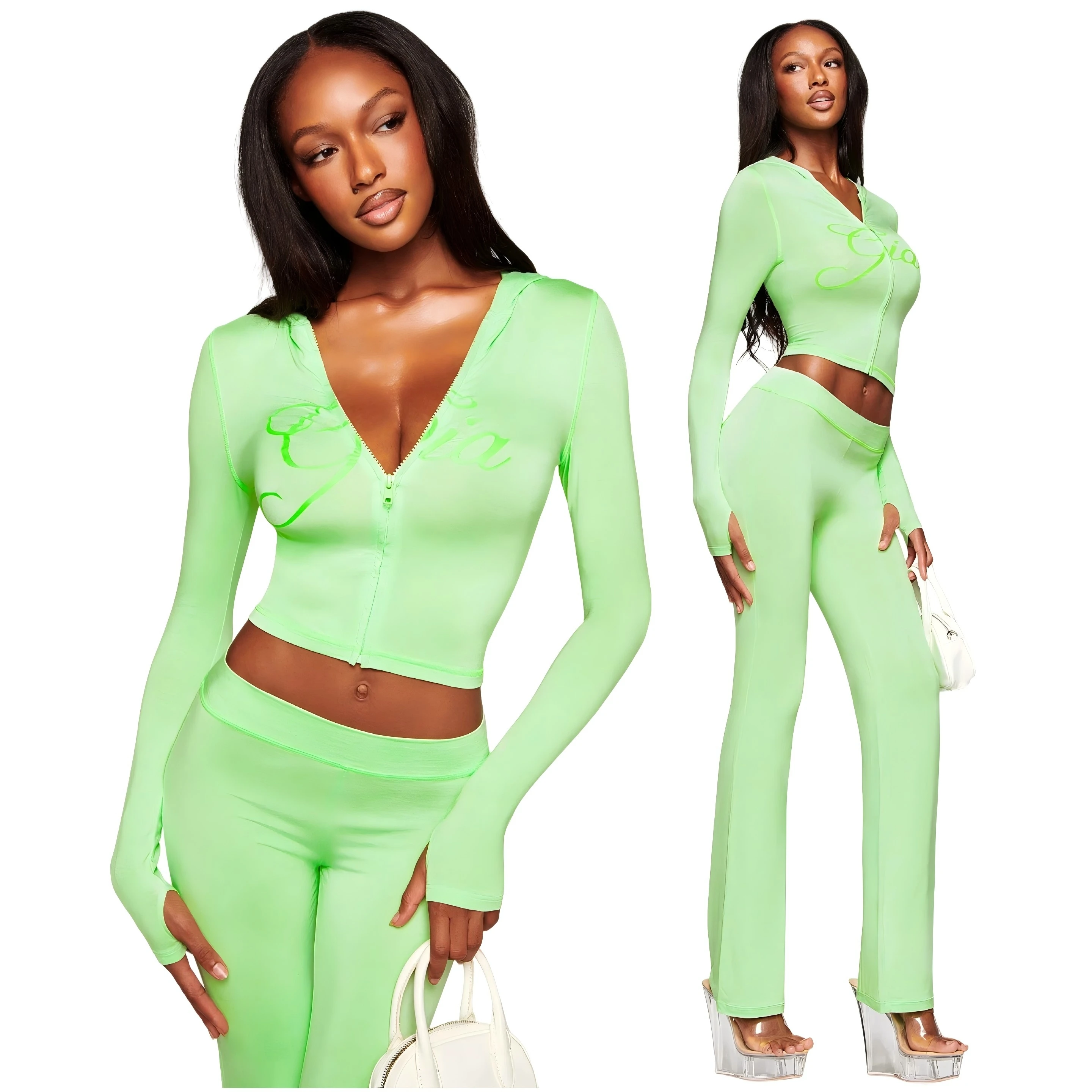 

Gia neon green regular shoulder slim-fit letter print topstitching design slim-fit hooded zip-up short jacket and pants set