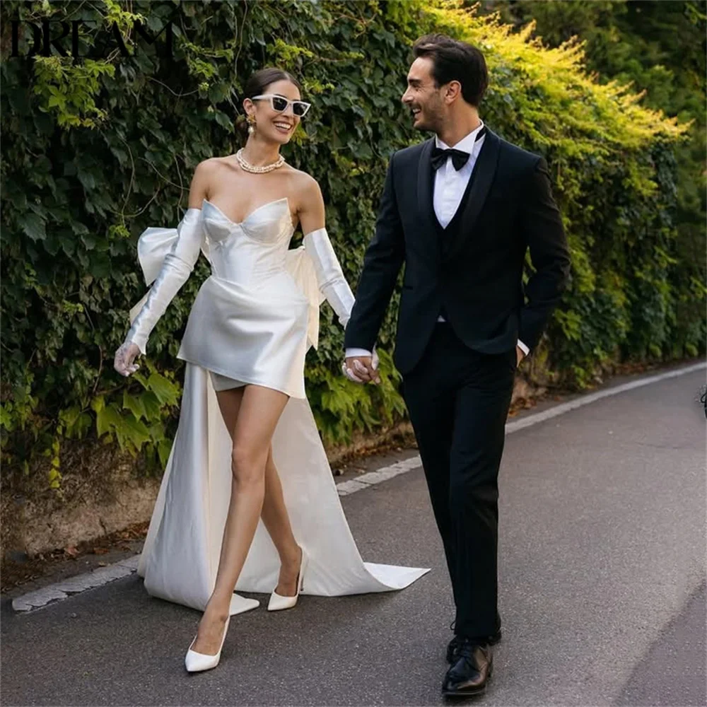 Sexy Short Wedding Dress Women 2025 Bows Long Sleeves Open Back Satin Pleat Above-Knee Bridal Gown Vestidos De Novia Customized