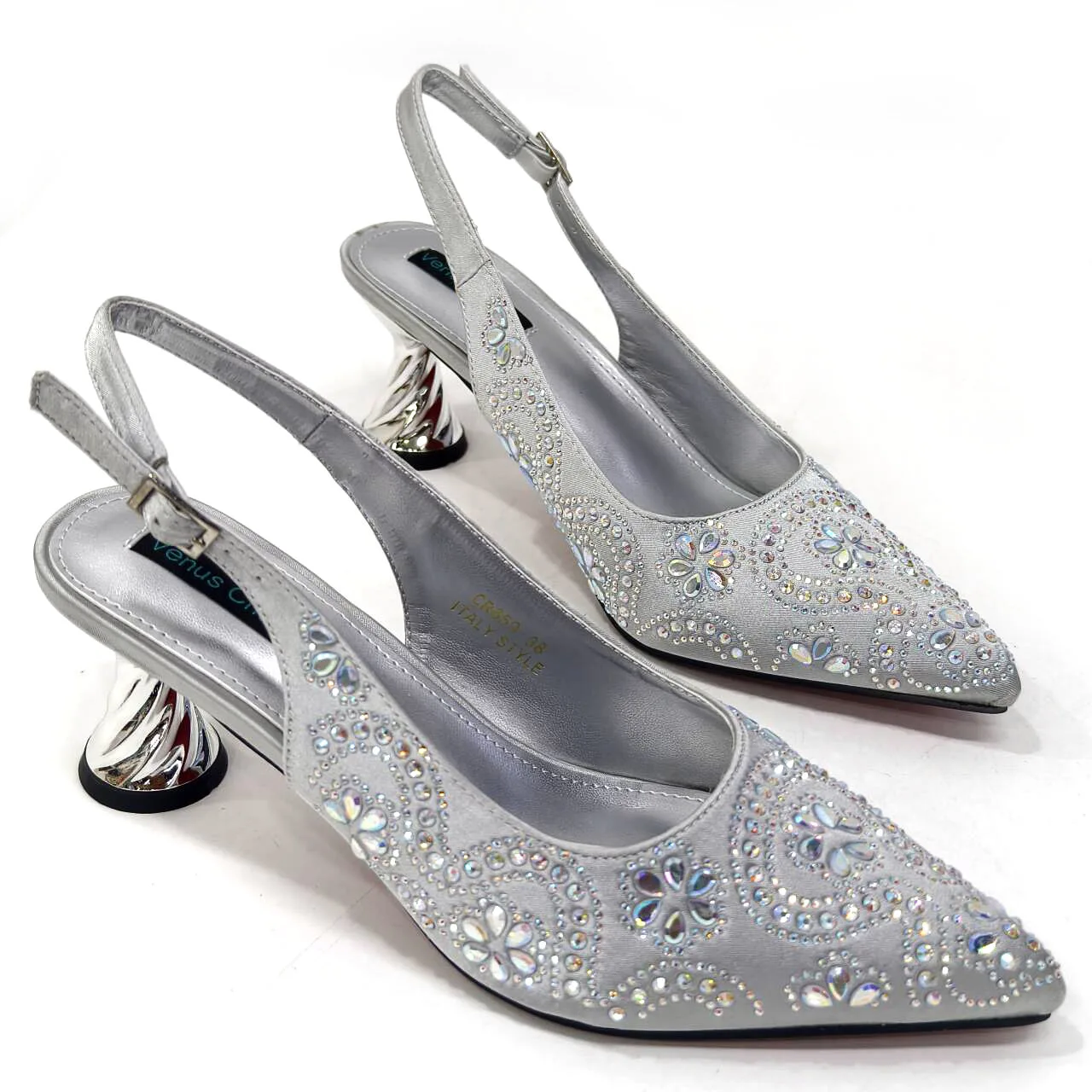 Venus Chan 2024 Italian Design Girly Style Silver Color Pointed Toe Wedding Shoes And Bag Full Diamond Decoration Pillow Bag