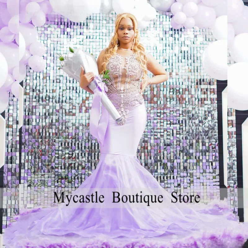 

Customized Sexy Lilac Mermaid Prom Dress 2026 For Black Girls Feather Crystal Beaded Evening Party Gown Robe De Soirée