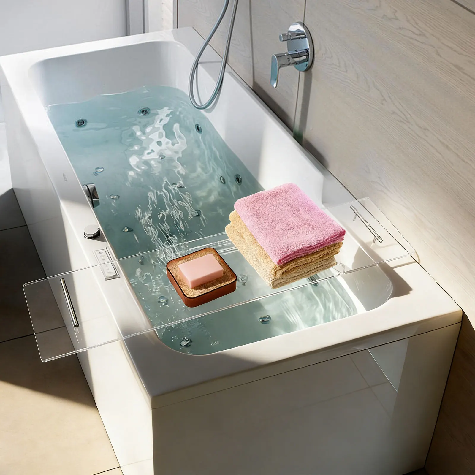 

Акриловый поднос для ванны, роскошный столик-органайзер для ванной, прозрачный поднос для вина и книг, подставка для телефона, вина и свечей в душе