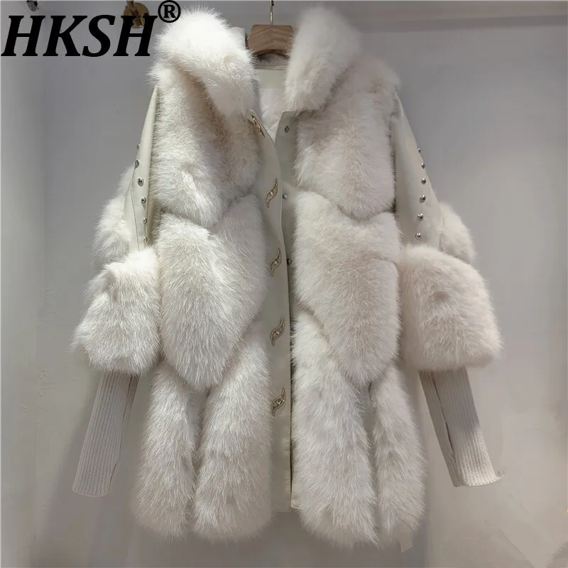 

HKSH Winter New Women Long Faux Fur Coat Hooded Single Breasted Rivet Elegant Temperament Luxury Fashion Ins Warm Jacket HK12887