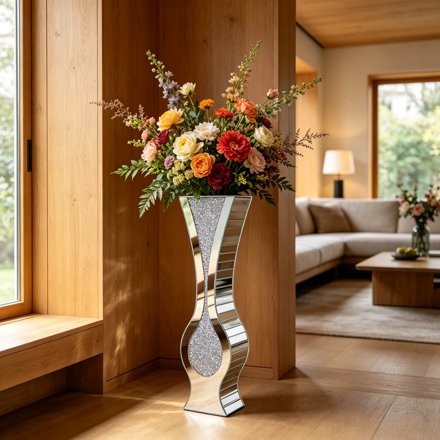 qp-Various Floor Crushed Diamond Mirrored Vase Large Silver Mirror Tall Vases Glass Vases Home Decor for Living Room Bedroom-
