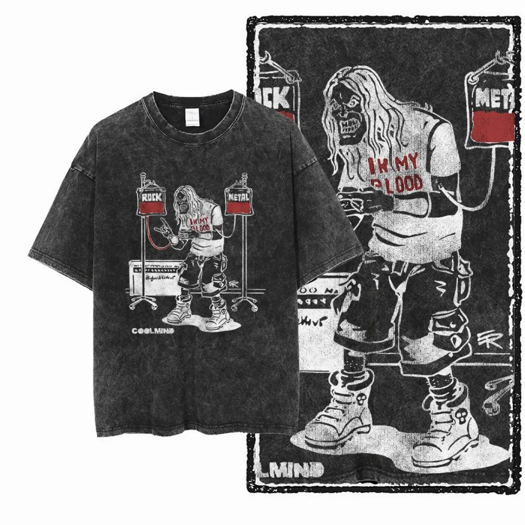 

Vintage Washed Rock Metal Graphic In My Blood Slogan Men T Shirt Oversized Men Tee Black T-Shirt Coolmind Retro Distressed