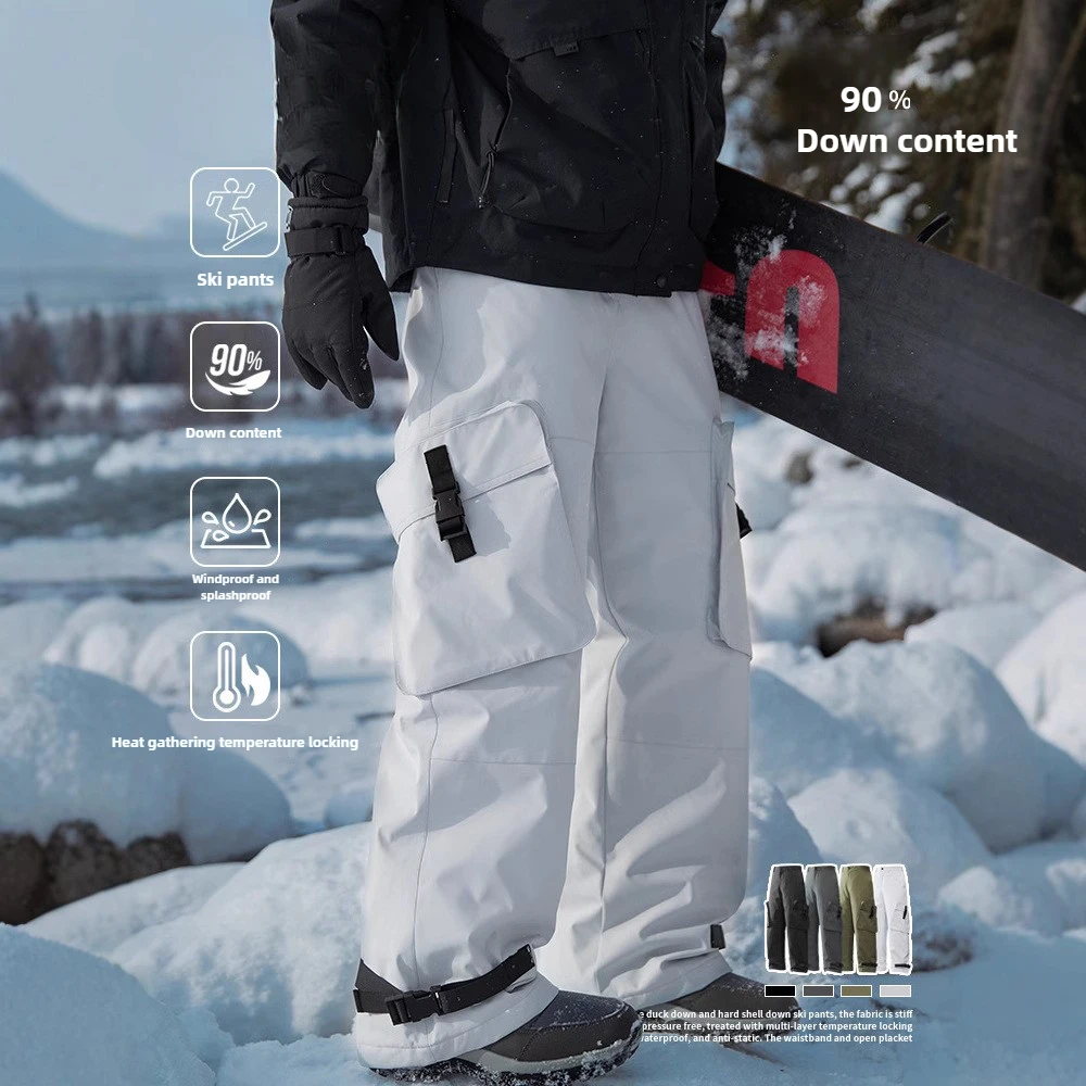 Winter Fleece Ski Pants with Hard Shell Windproof and Cold Resistant Charging Down Pants 90 White Duck Down