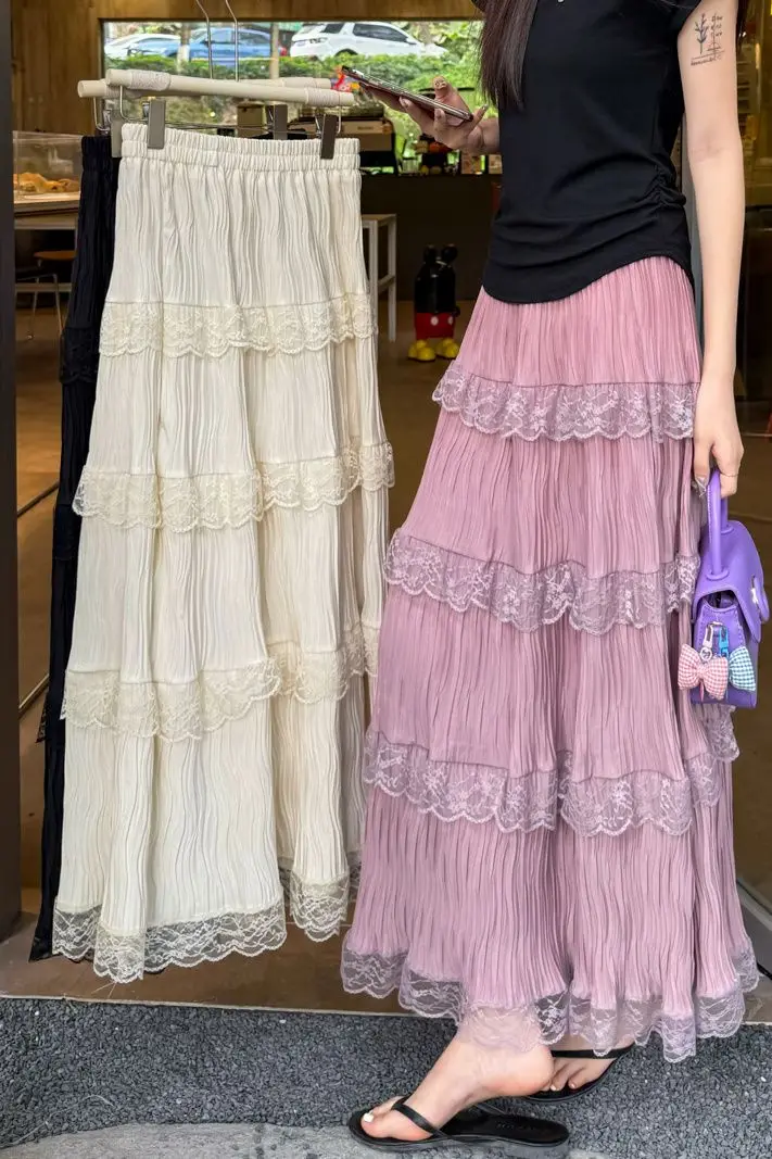 

2025 Spring Summer Sweet Lace Trim Cake Skirt for Women High Waist Petite A Line Long Skirt Elegant Feminine Design Fashion