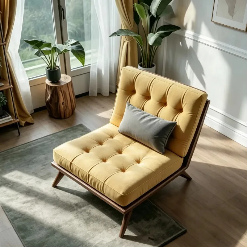 Medieval modern style solid wood decorative chair, upholstered tufted fabric leisure chair, single sofa chair