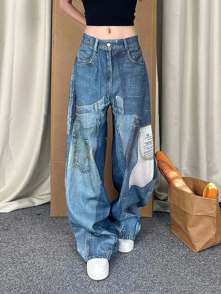 

American Patchwork Design Patch Print Baggy Jeans Y2K Retro Blue Wash Loose Hot Girl Street Casual High Waist Wide Leg Jeans