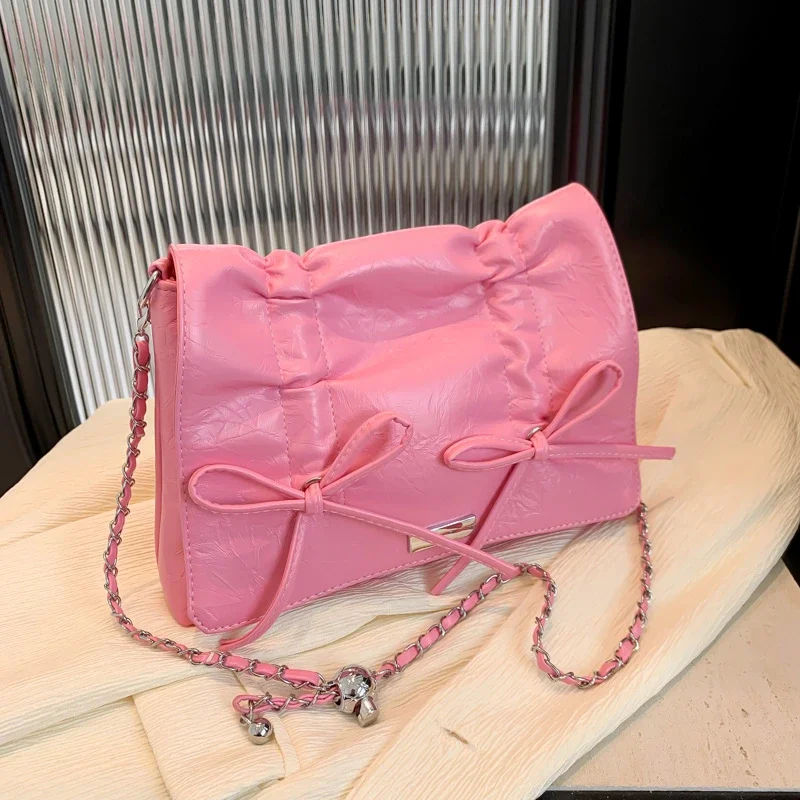 PU Light Colored Bow Decoration 2025 New Flip Shoulder Bag Fashionable Versatile Western Style Women's Chain Shoulder Bag