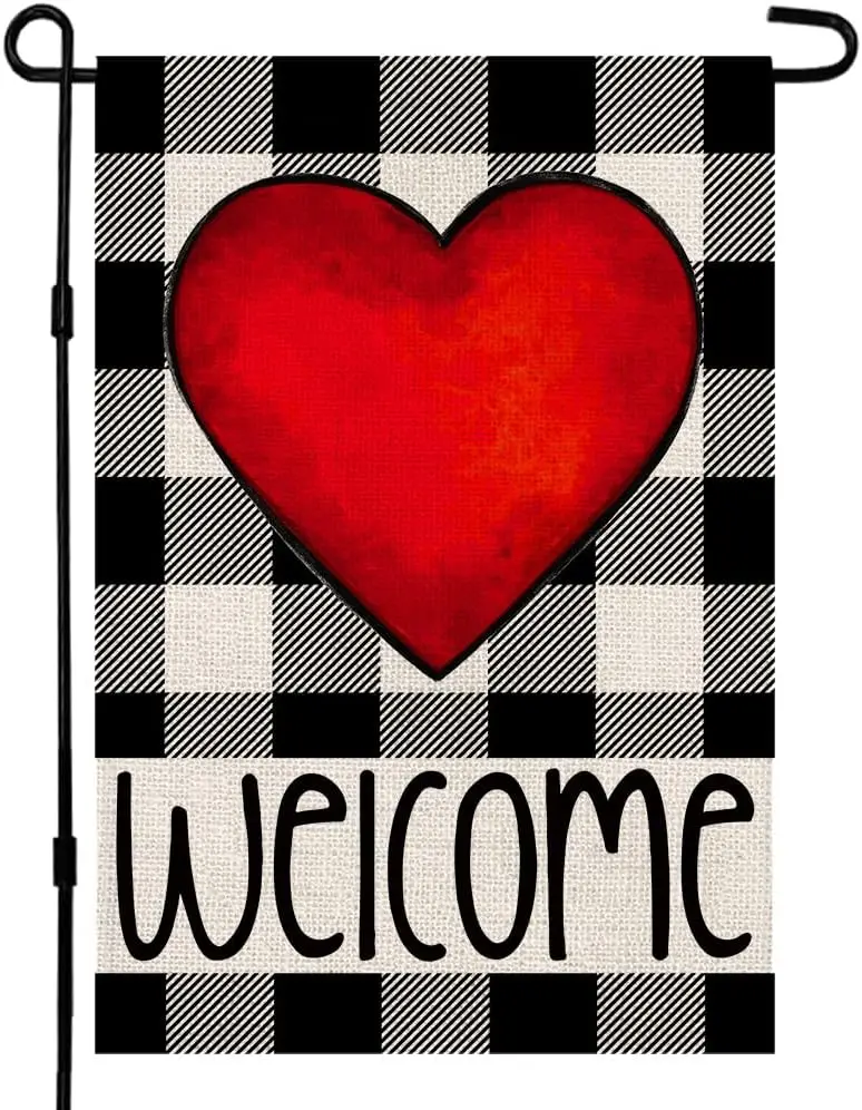 Valentines Day Garden Flag 12×18 Inch Vertical Double Sided Welcome Love Heart Buffalo Plaid Garden Flag, Yard Outdoor Farmh zzo