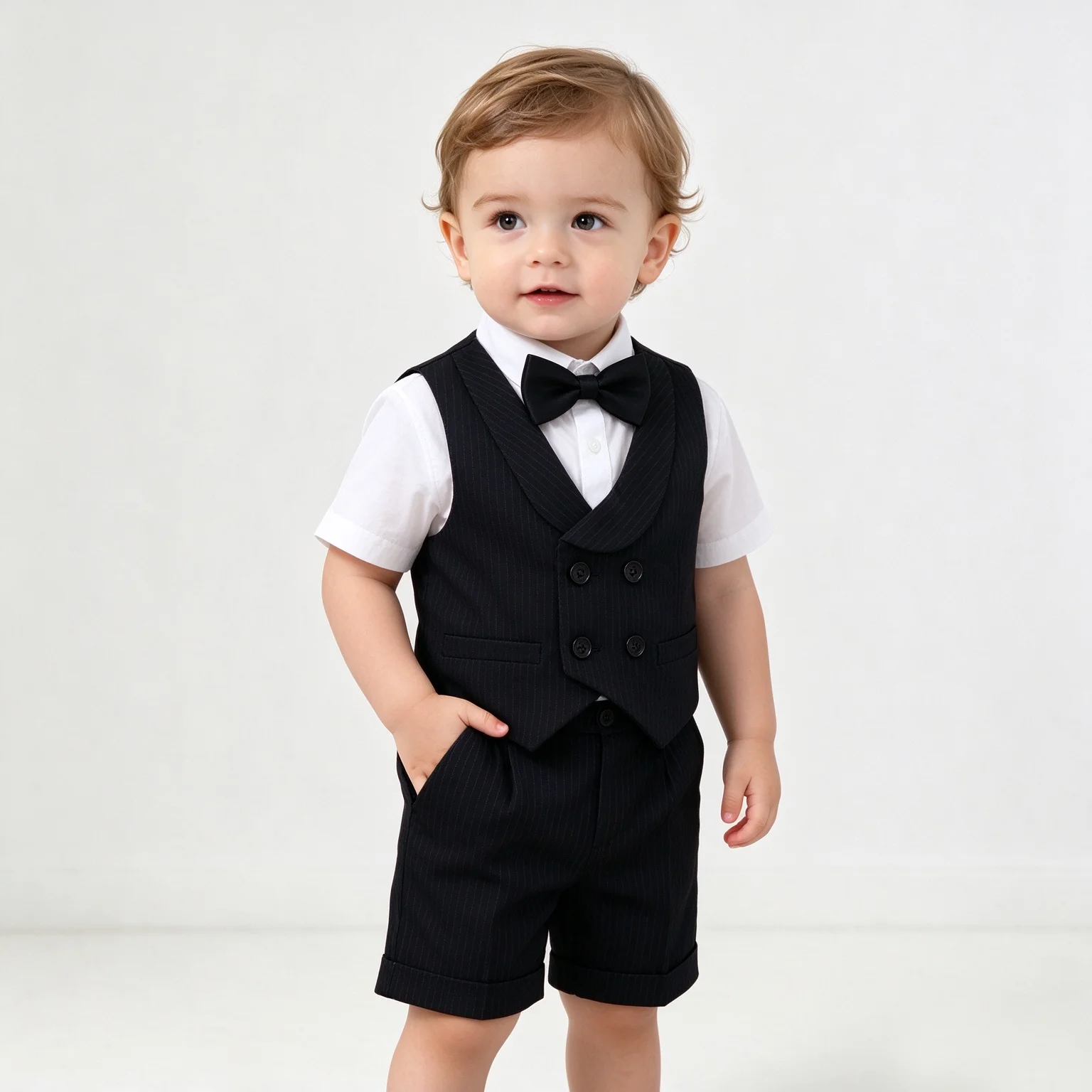 Toddler Boy Formal Striped Outfit with Waistcoat Shorts Bowtie Set Kids Gentleman Costume for Wedding Baptism Birthday Ceremony