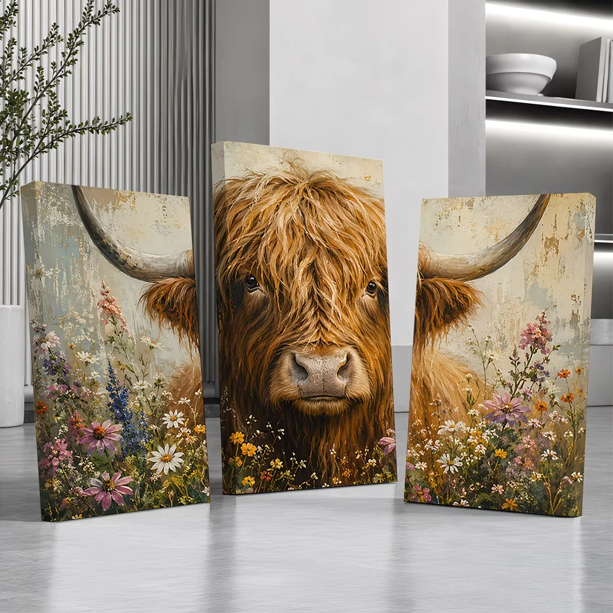 3Pcs DIY Diamond Painting Highland Cattle Flowers Landscape Mosaic Cross Stitch Full Diamond Embroidery Handmade Large Size
