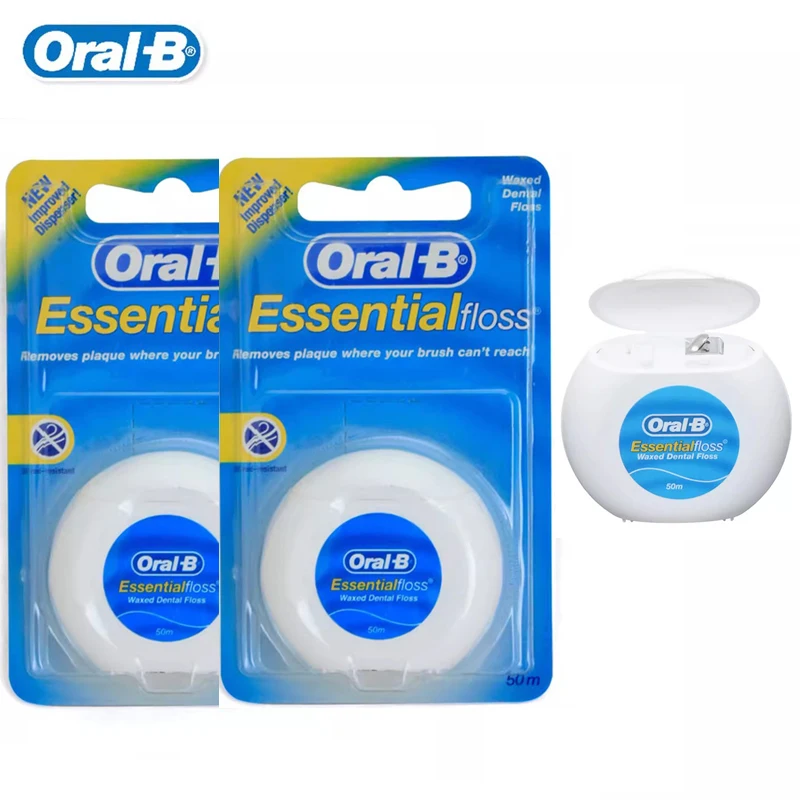 Oral-B Essential Mint Floss Waxed Dental Floss Polymer-coated for Effortless Plaque Removal 50M Floss 2 Pakcs