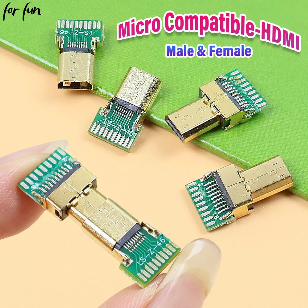 For-Fun 19Pin Micro Compatible-HDMI Type-D Male & Female Connector With PCB Board Solder Wire Type Gold-plated Test Plug Socket