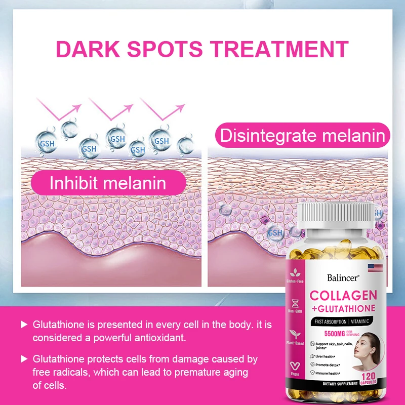 Glutathione + Collagen Supplement - Vitamin C Antioxidant - Whitening Skin, Hair, Nails, Joints, Liver Cleansing Support