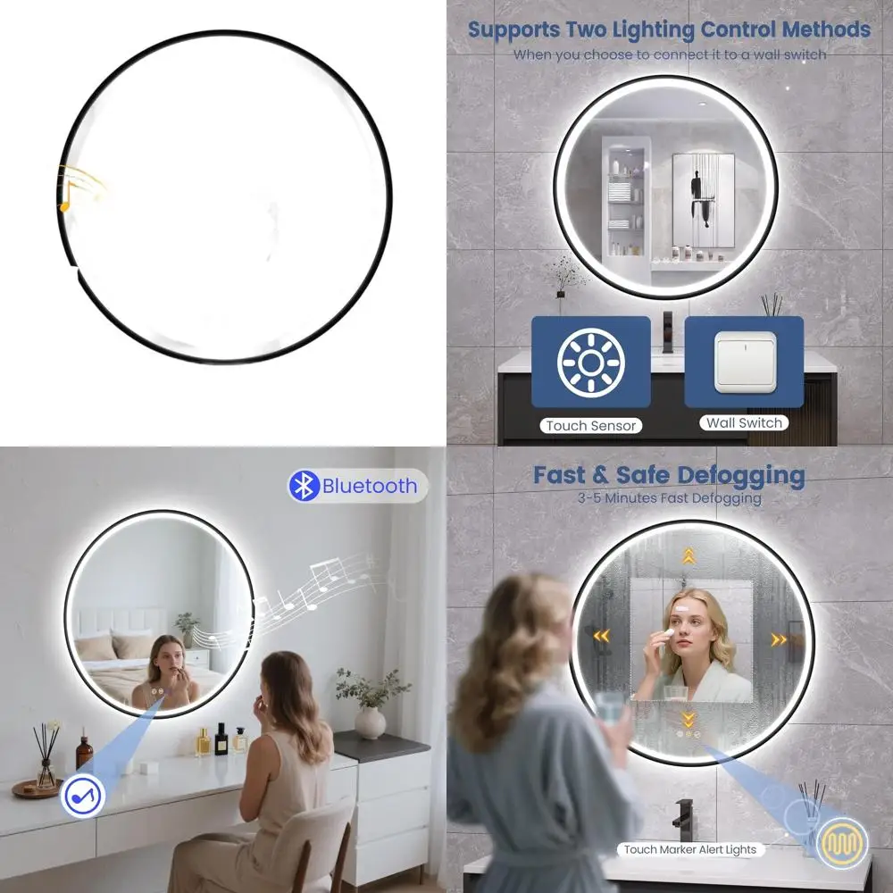 

24 круглых безрамных светодиодных зеркала для ванной комнаты с подсветкой, Bluetooth-динамик, противотуманное, 3-цветная температура, водонепроницаемость