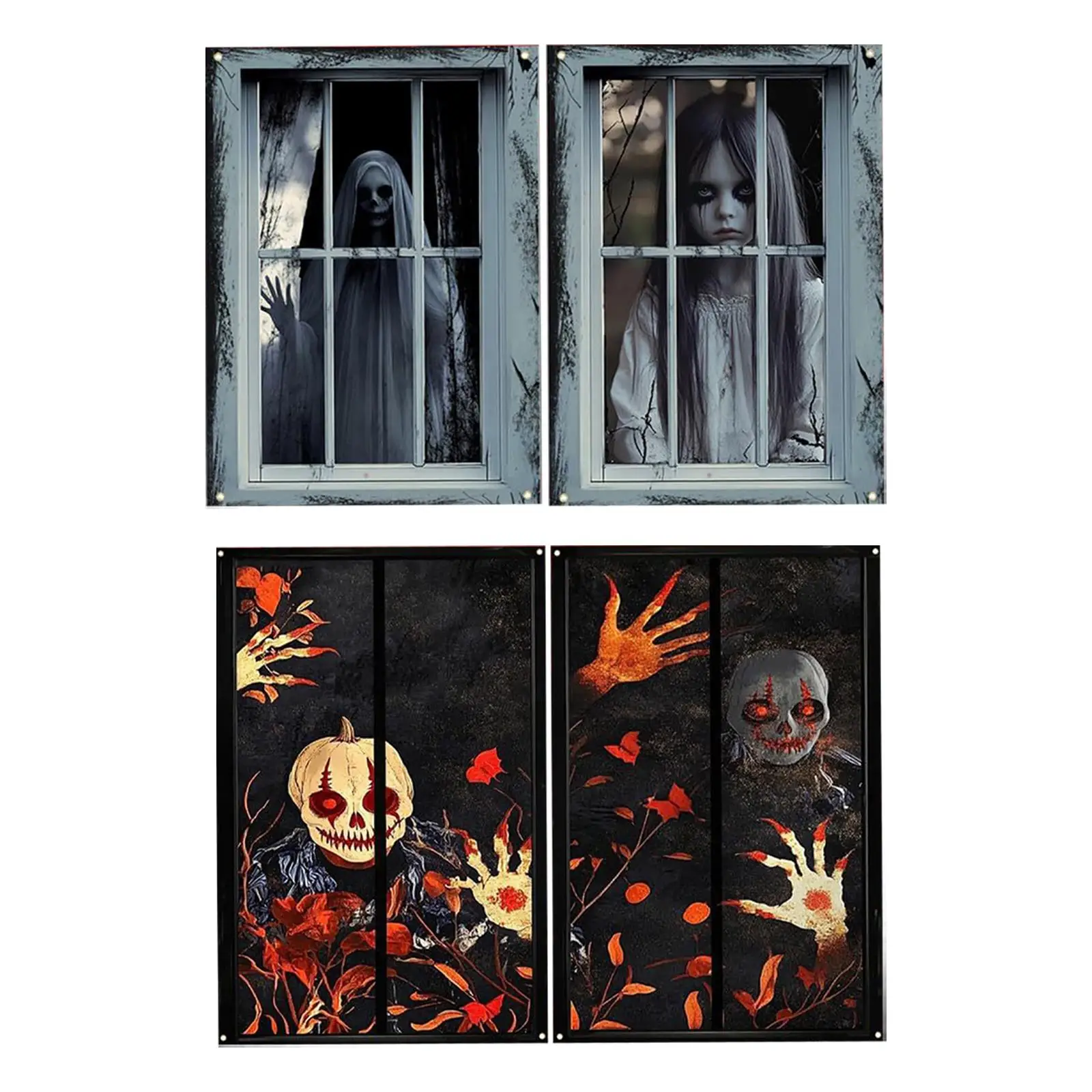 2x Halloween Window Decoration with Rope Horror Party Decoration Backdrop Halloween Window Poster for Wall Bedrooms Doorways