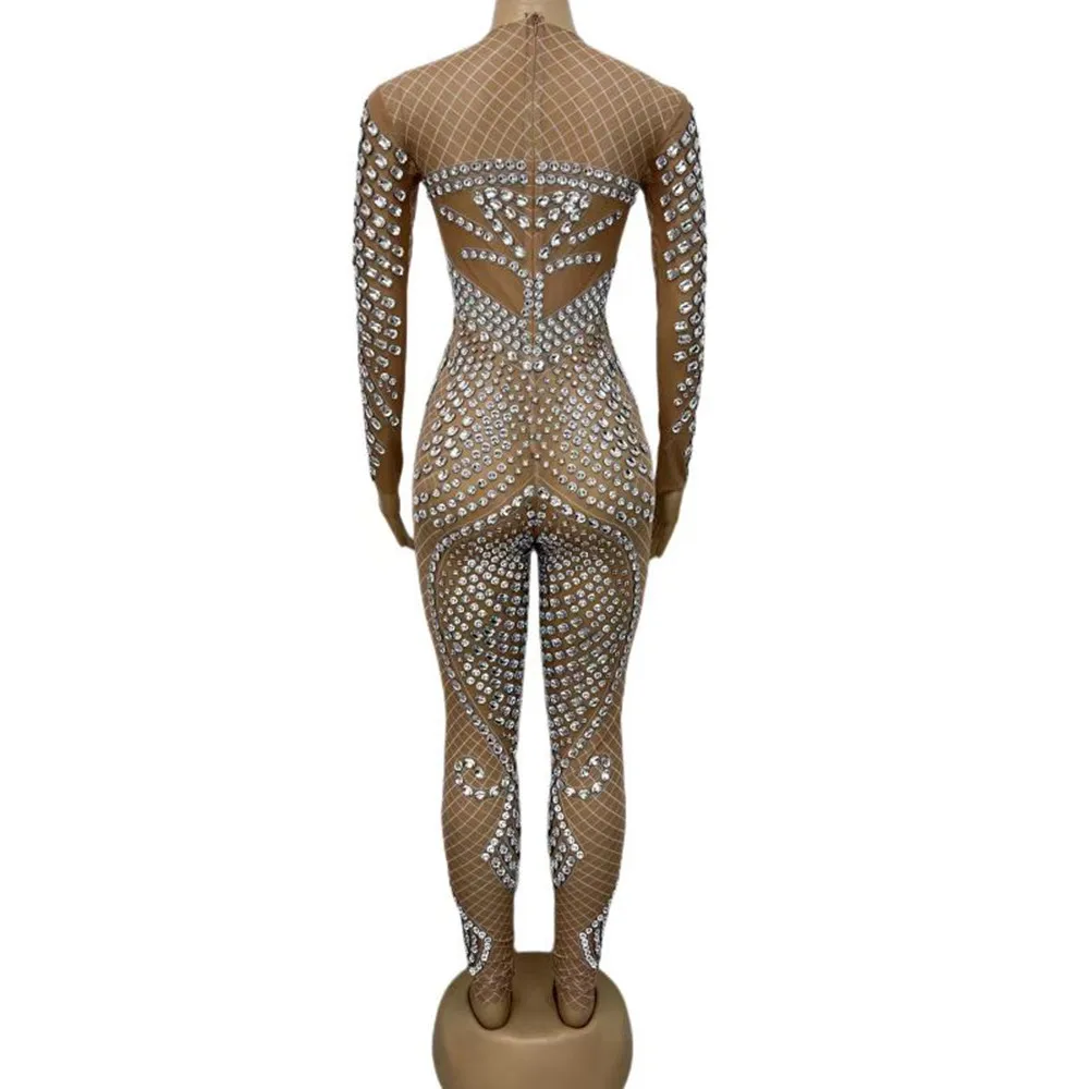 Nude Skinny Rhinestones Jumpsuit Bar Concert Leotard Singer Performance Dance Costume Sexy Stage Wear Birthday Celebrate Outfit