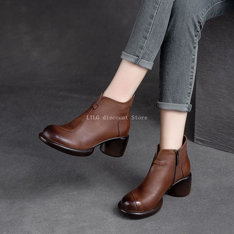 

Genuine Leather Ankle Boots Women Shoes 2025 New Autumn Winter Round Toe Square Heel Zip Handmade Leisure Women Boots