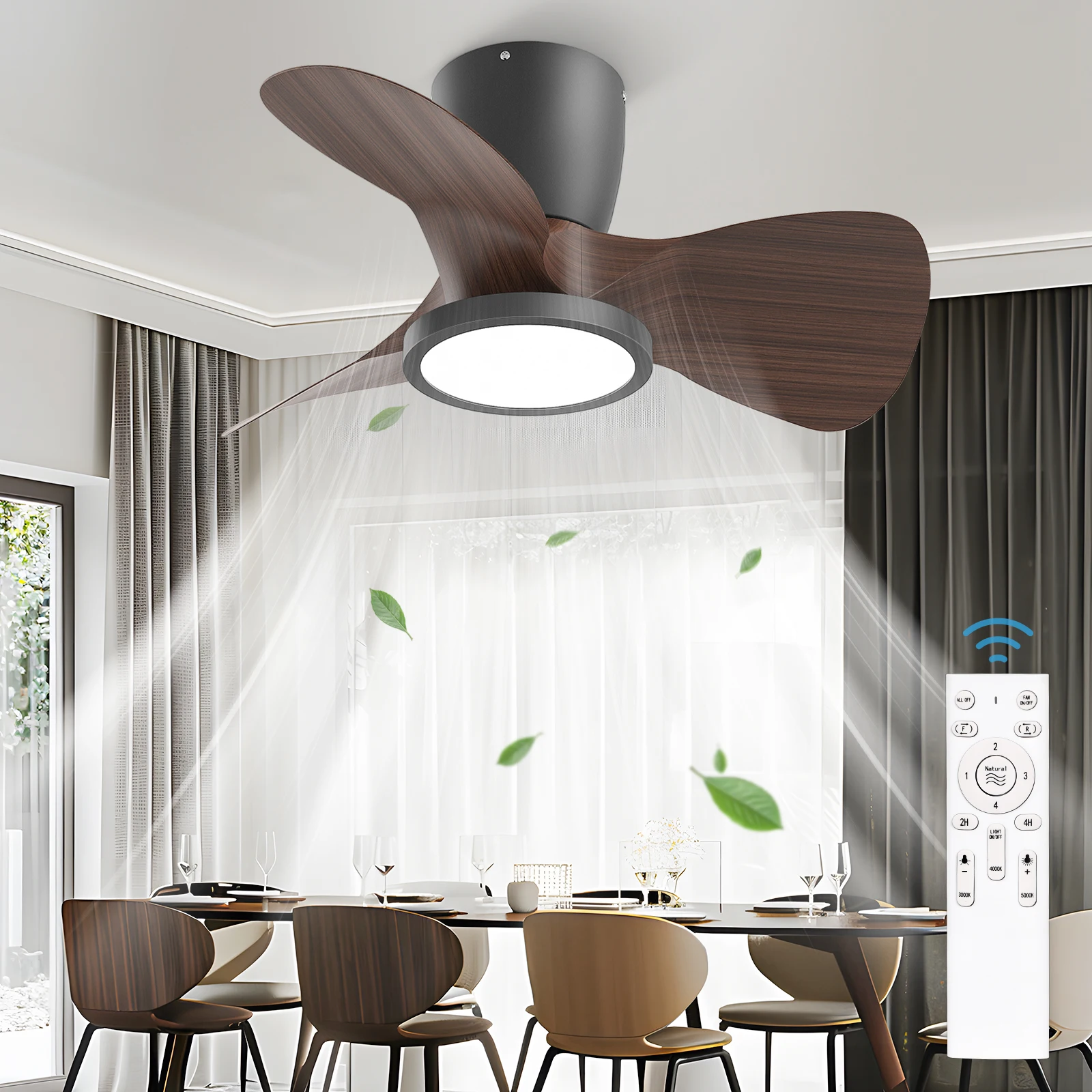 Ventiladores de techo de 24 pulgadas con luces y control remoto, 3 velocidades de viento, 3 aspas, ventilador de techo interior regulable para sala de estar, dormitorio, comedor, ventilador eléctrico