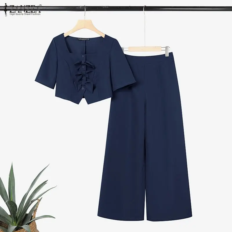 Minimalistische Hosenanzüge für Damen, quadratischer Ausschnitt, halbe Ärmel, Schleifen, bauchfreies Top und Hose mit weitem Bein, 2-teilige Sets, ZANZEA, elegante, schicke Outfits