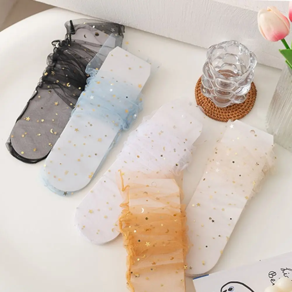 5Pairs Star Moon Transparent Bow Socks Mid-calf Breathable Tulle Shiny Socks Female Hosiery Sweet Mesh Tube Socks Women Lady