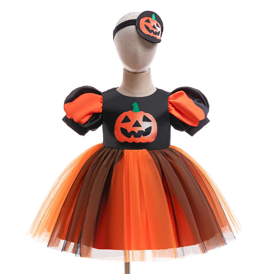 2024 Baby Girl Ghost Pumpkin Skull Print Elegant Party Dress Toddler Halloween Cosplay Witch Masquerade Costume Infant Ball Gown