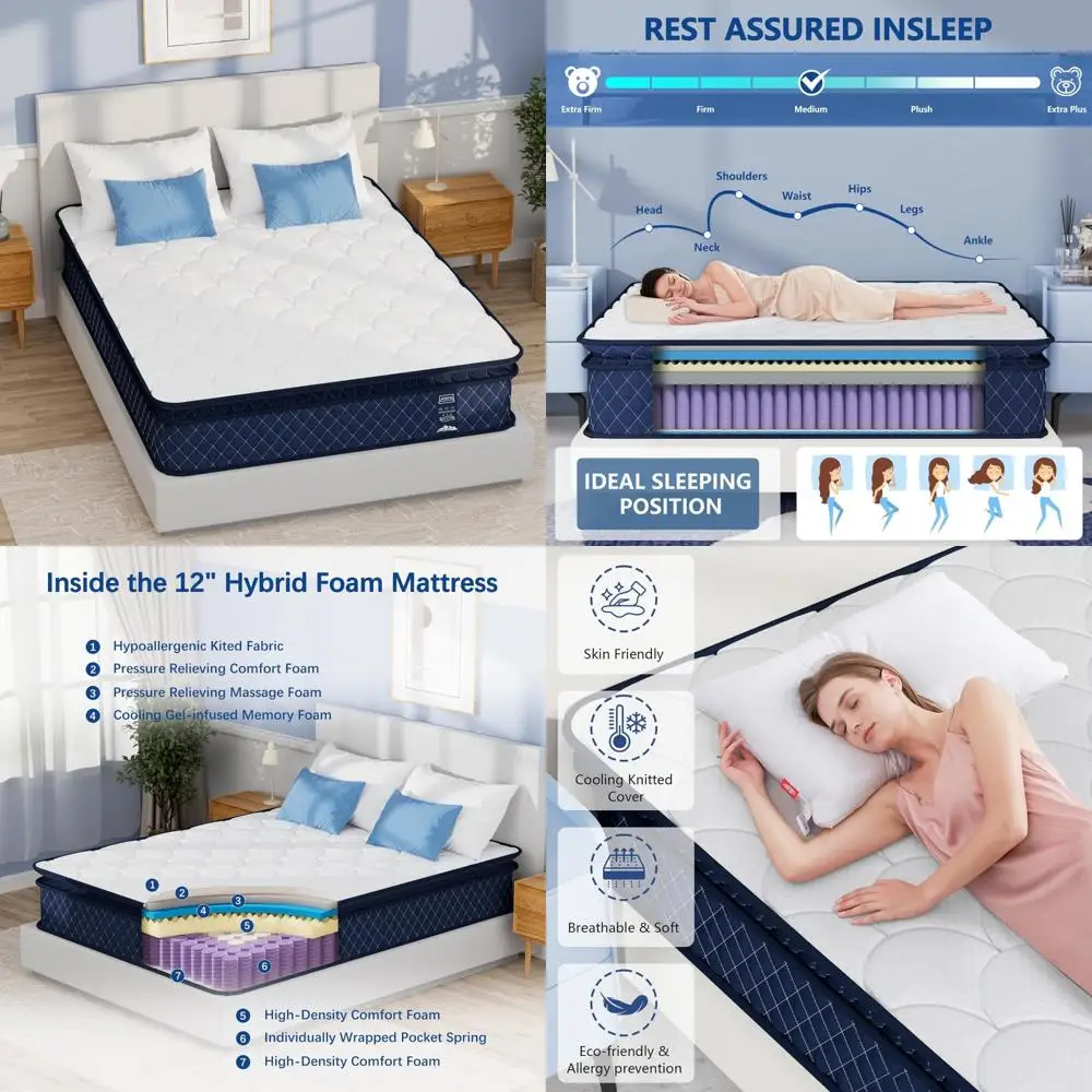 مرتبة هجينة متوسطة الثابتة مقاس 12 بوصة مرتبة زنبركية بجيب من إسفنج الذاكرة للتبريد من الجل في صندوق لتخفيف الضغط