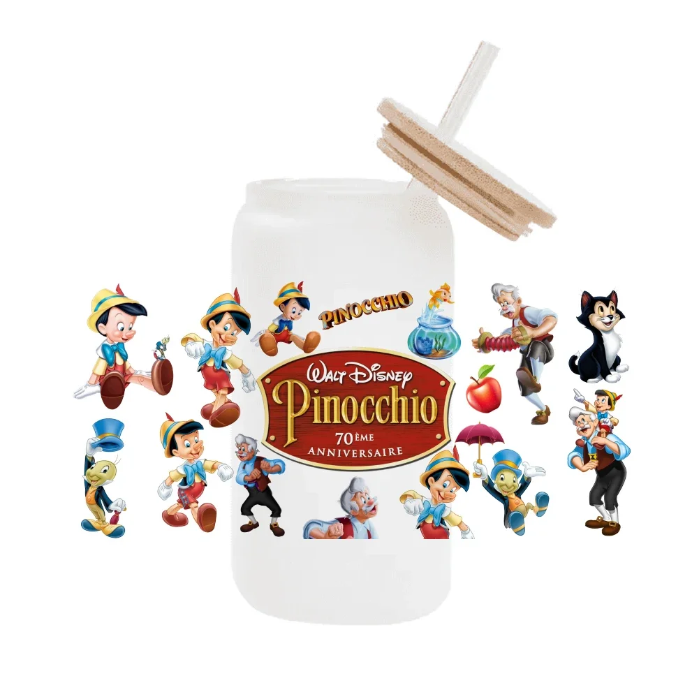 Pinocchio Disney Cartoon für Libbey 16oz Can Glass 3D Wasserdicht UV DTF Kaffeedose Wrap Libbey Glass Wrap