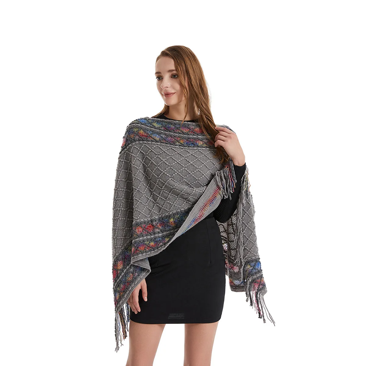 Poncho de primavera y otoño para mujer, chal Vintage único tejido para mujer, envoltura bidireccional con borlas, suéter étnico suelto, jersey de estilo Retro