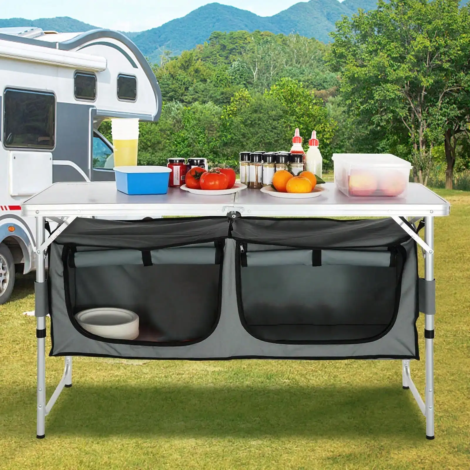 Camping Kitchen Table Modern Sleek Folding Camping Table With Storage Organizer Zippered Cabinets 3 Adjustable Heights MDF Top Aluminum Frame Carrying Bag For Outdoor BBQ RV Traveling Camping Essentials Housewarming Gift