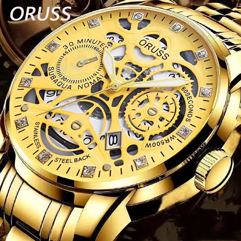 ORUSS Business Men's Quartz Watch Calendar Window Hollow Dial Waterproof Stainless Steel Strap High-Quality Men's Watches
