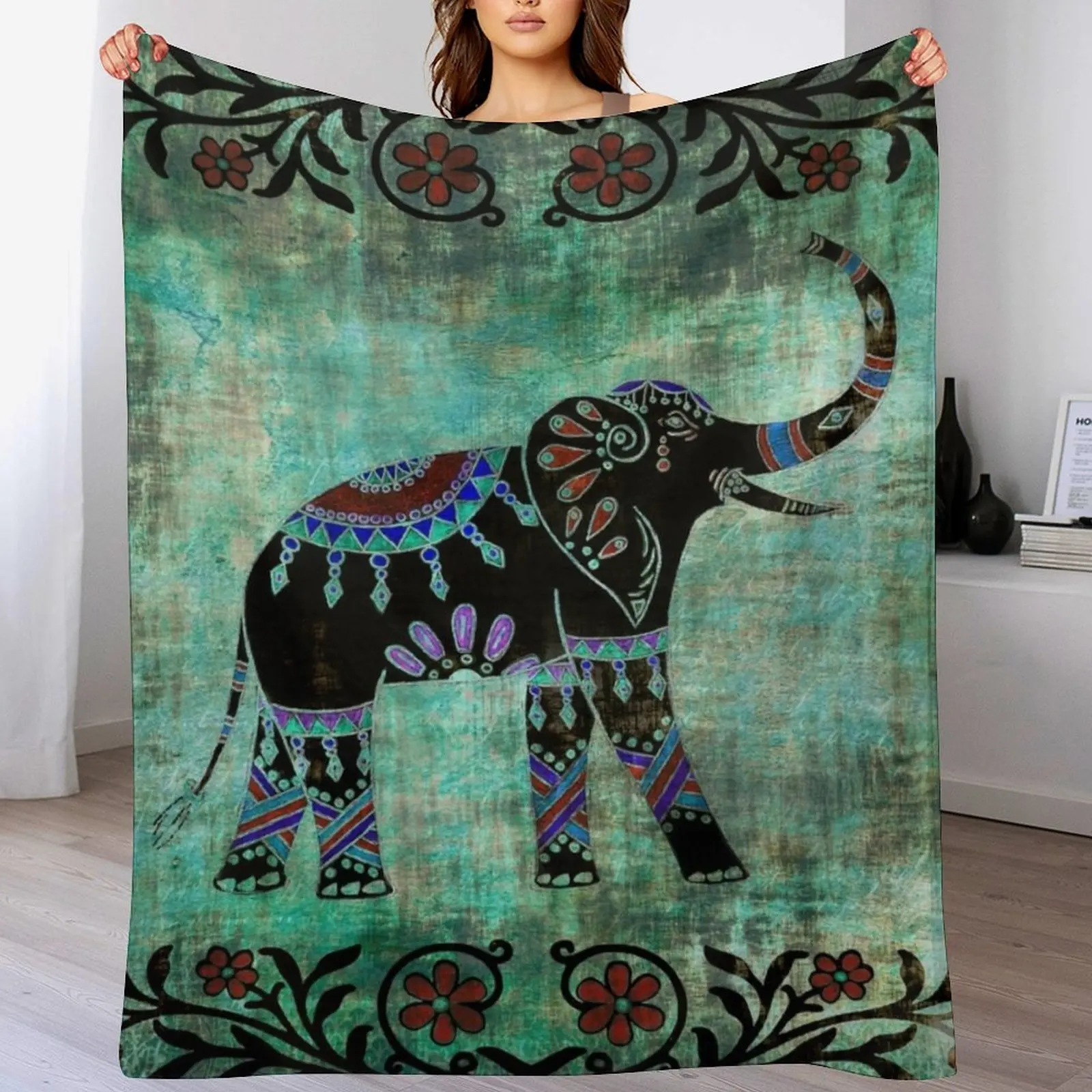 

Indian Elephant Decorative Asian Floral Art Throw Blanket Soft Warm Blanket Gift for Grandparents