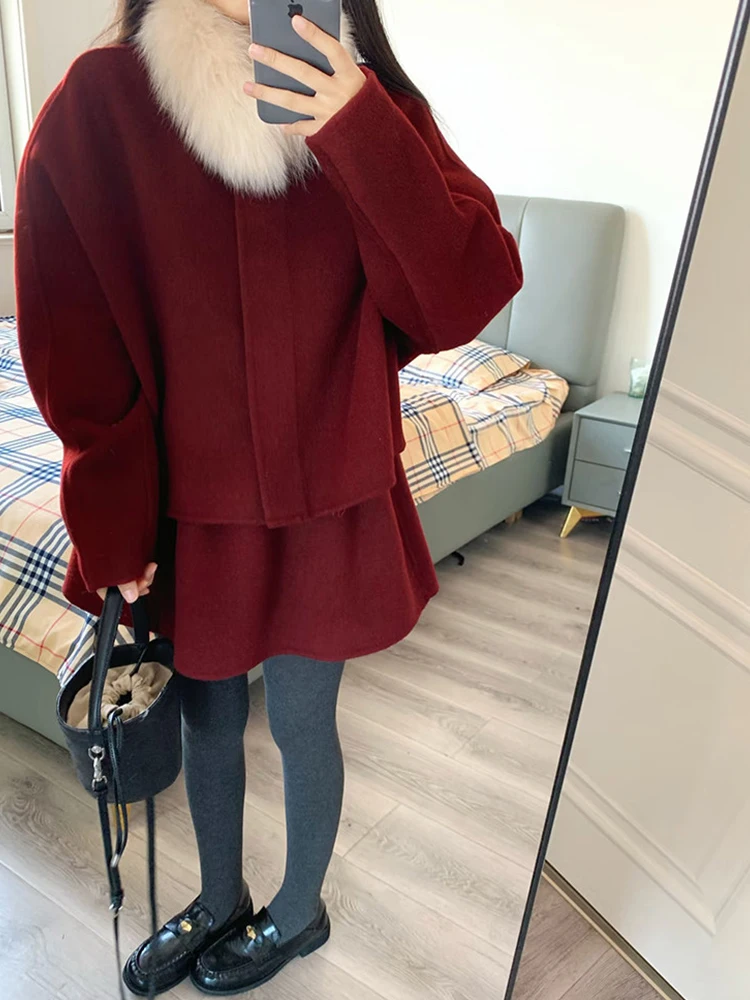 

Retro Winter Warm Woolen Coat And Skirt Set Women's Fashion Ensemble High Waist Button up Long Sleeve High Collar Outfit