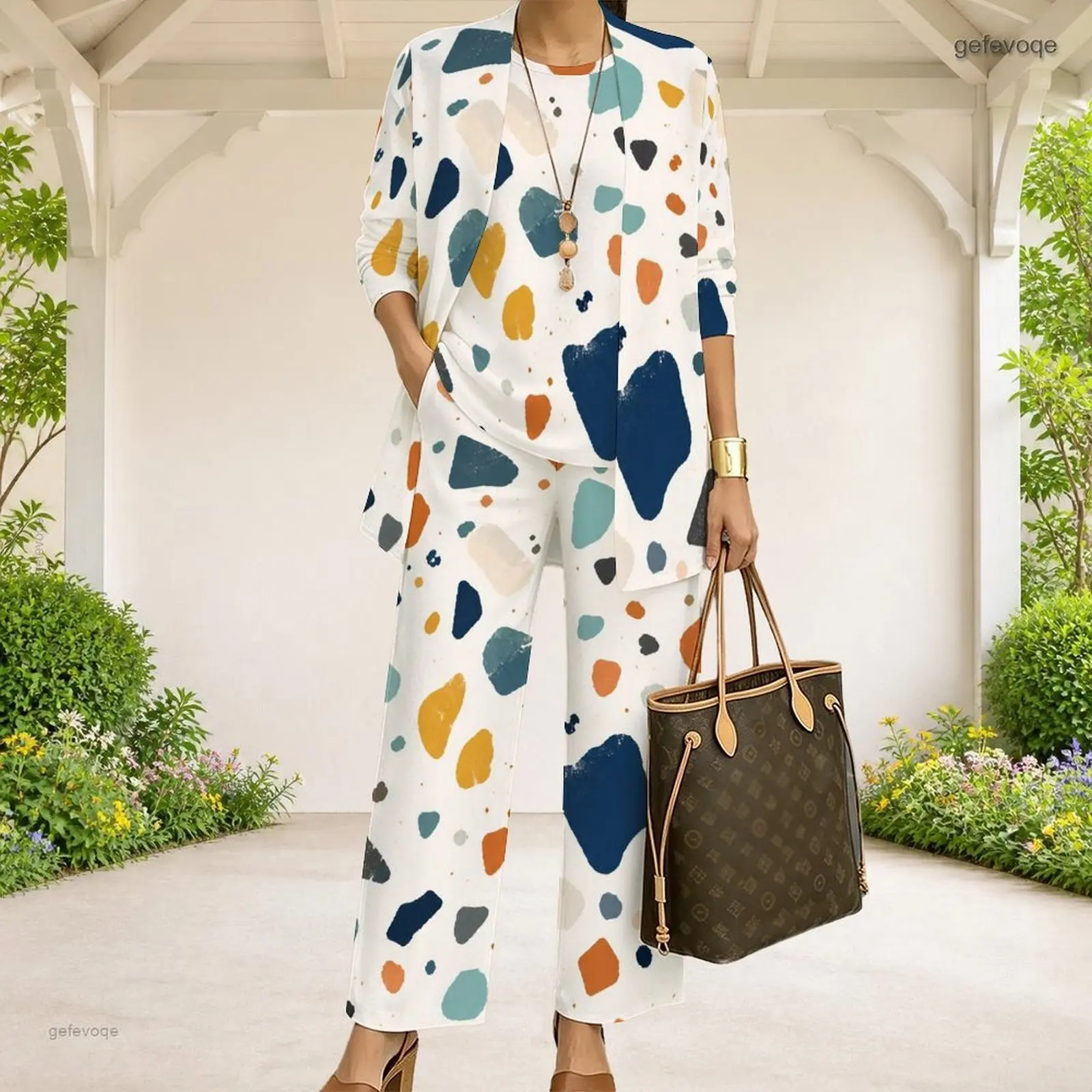 Women Abstract Printed 3 Piece Pants Set 3/4 Sleeve Open Cardigan Top and Long Pants