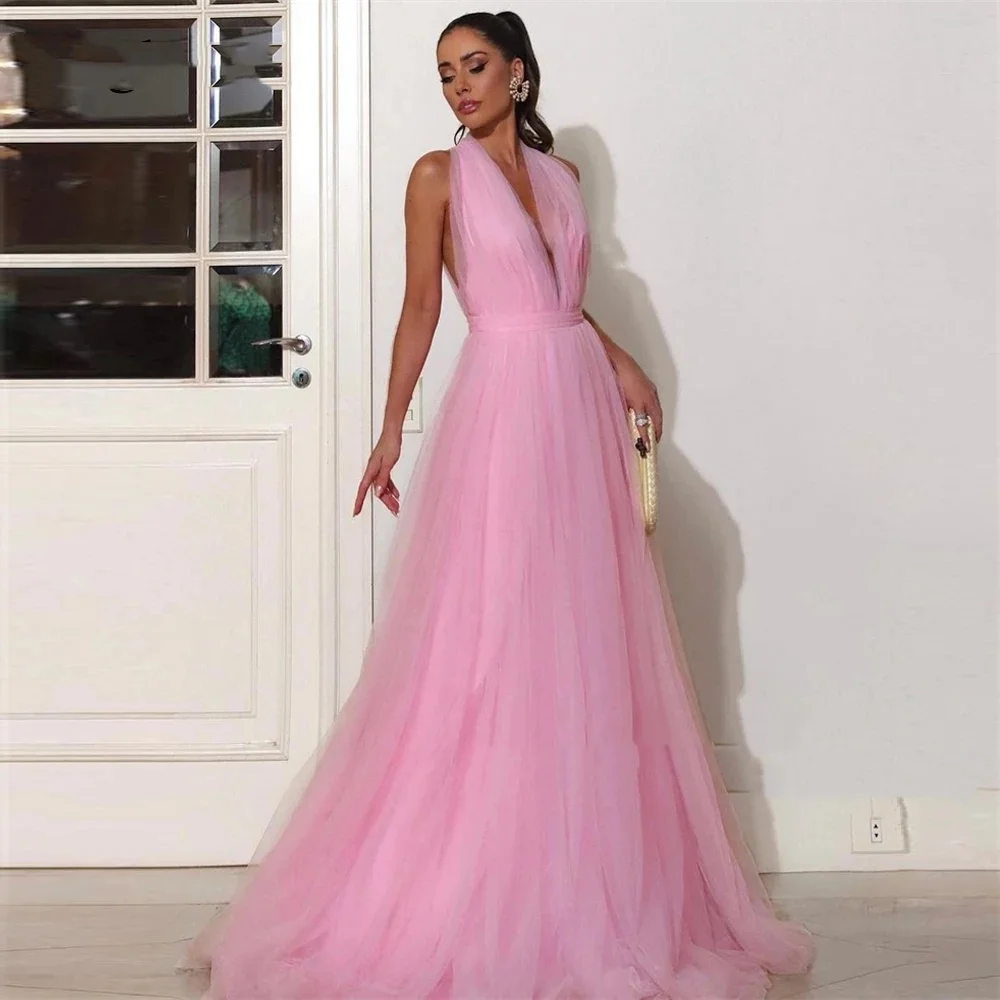 

OTHRAY Sexy Halter Evening Prom Dresses for Women Tulle V Neck A Line Celebrate Long Formal Dress with Train Event Gowns 2024