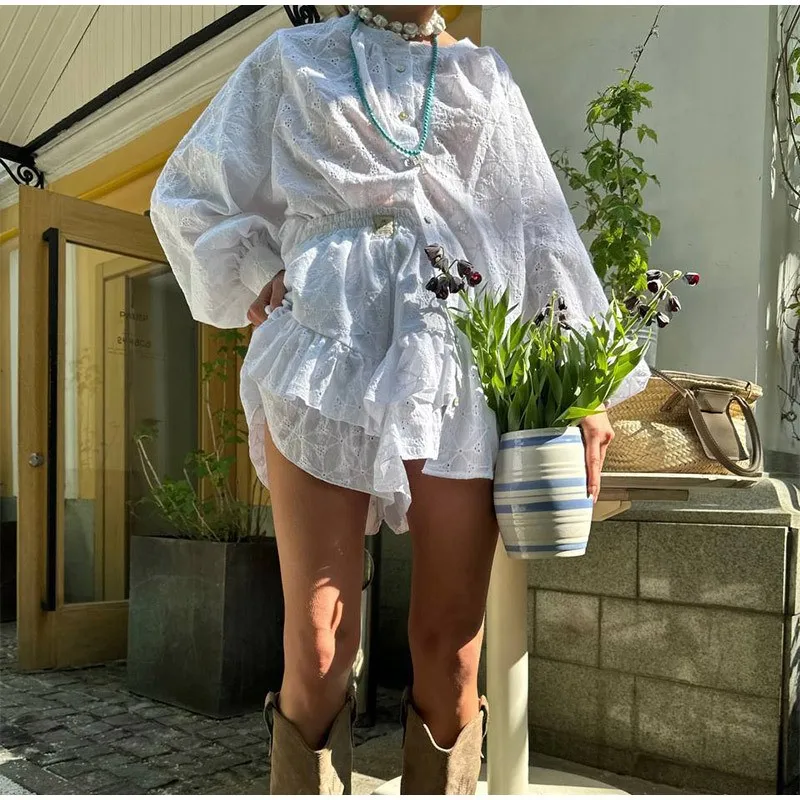 

White Hollow Out 2 Piece Set Women Crew Neck Long Sleeve Shirt+Ruffle Shorts Sets Spring Casual Fashion Elegant Suits 2025 New
