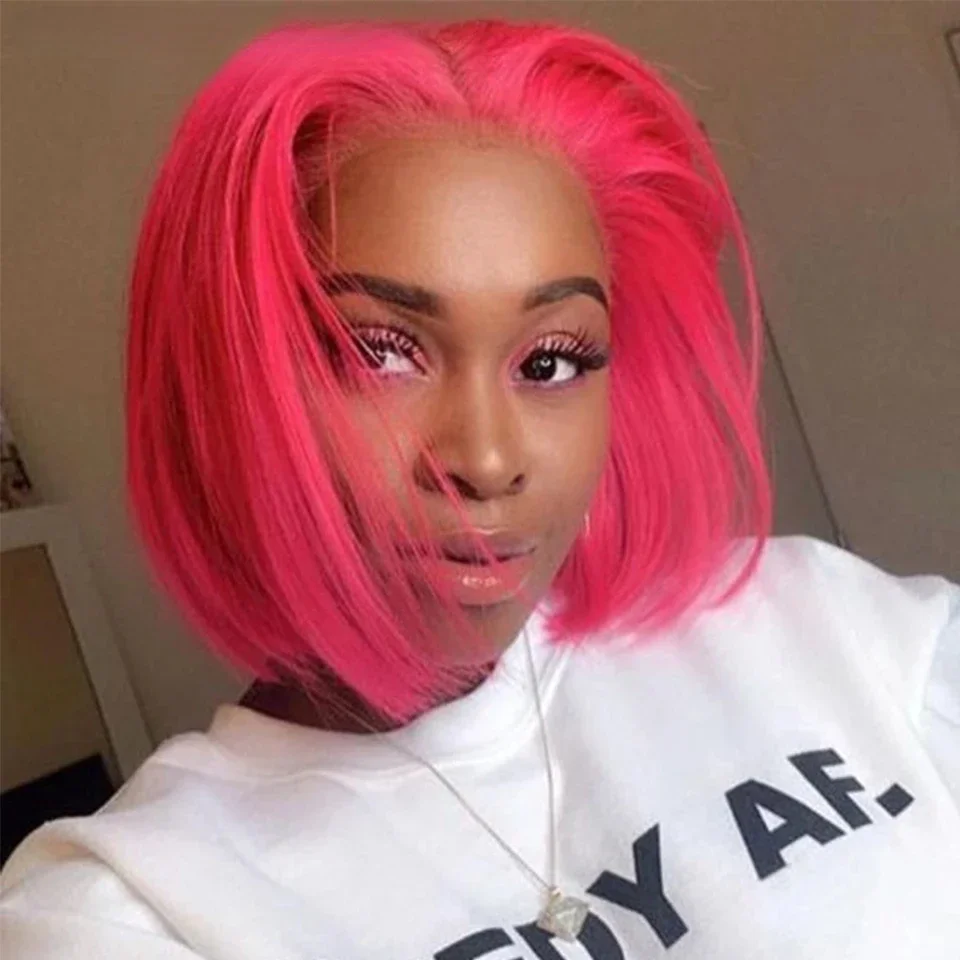 

Розовый Боб 13x5x1 T Part Парик Фронта Шнурка Светло-Розовый Короткий Прямой Боб Парик 100% Человеческих Волос Для Женщин 180 Плотность Парики Remy Party