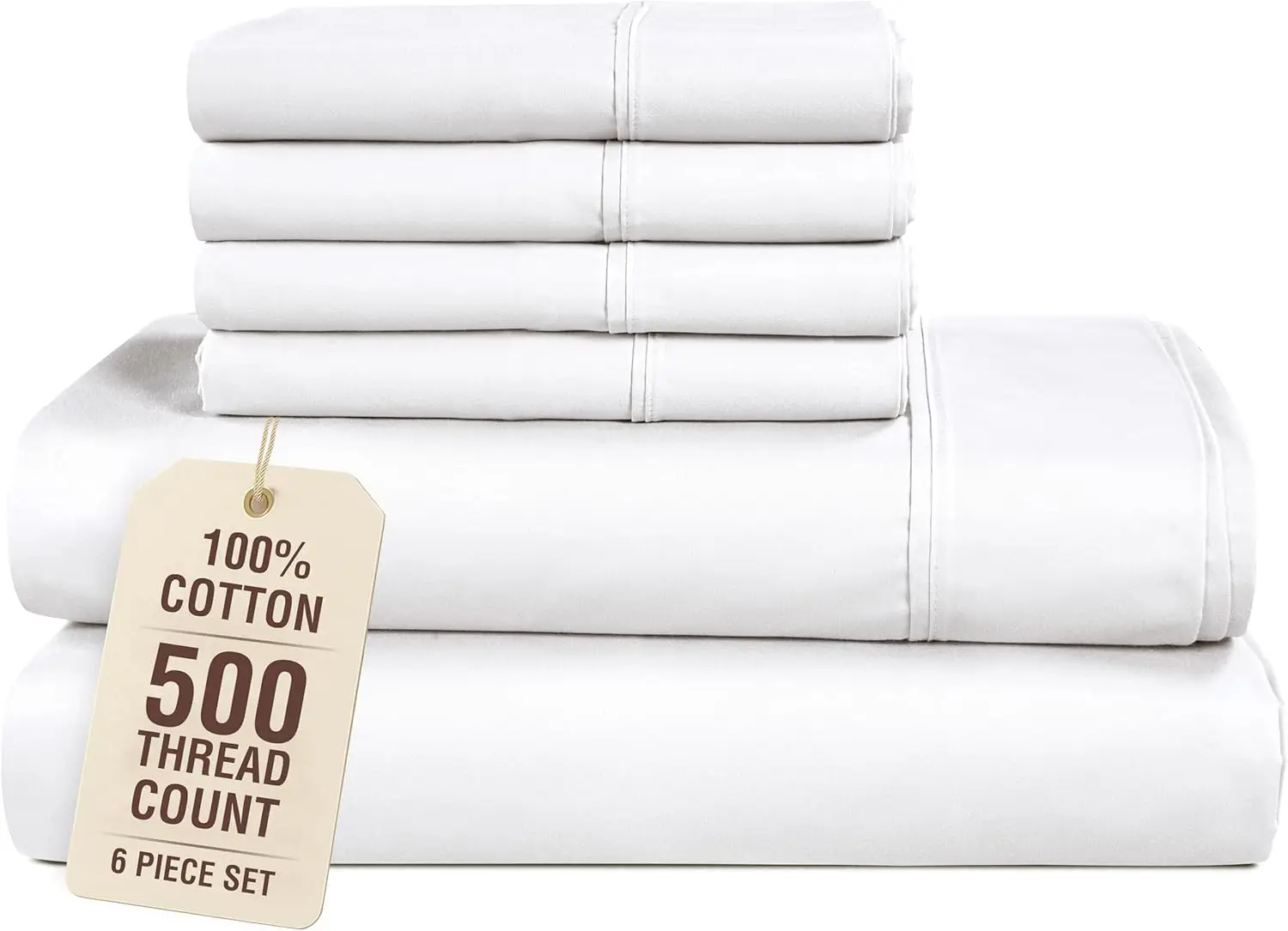 

King Size Sheet Set 6 Piece 100% Cotton Bed Sheets 500 Thread Count Sateen Deep Pocket 15" - Pure White