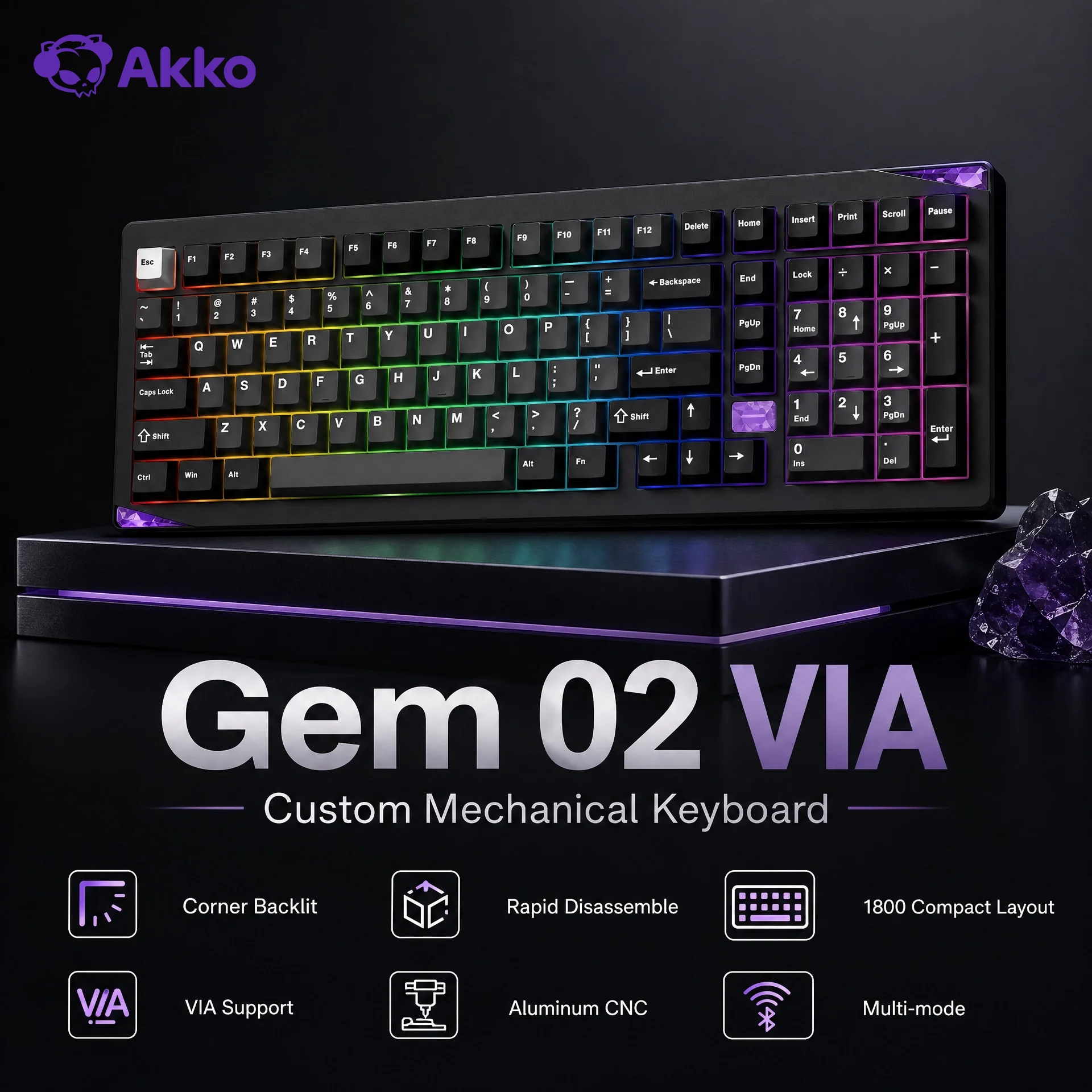 Akko Gem02 Mechanical Keyboard VIA Support Aluminum CNC 102 Keys RGB Tri-mode Custom Gaming Keyboard Rapid Disassemble Gasket