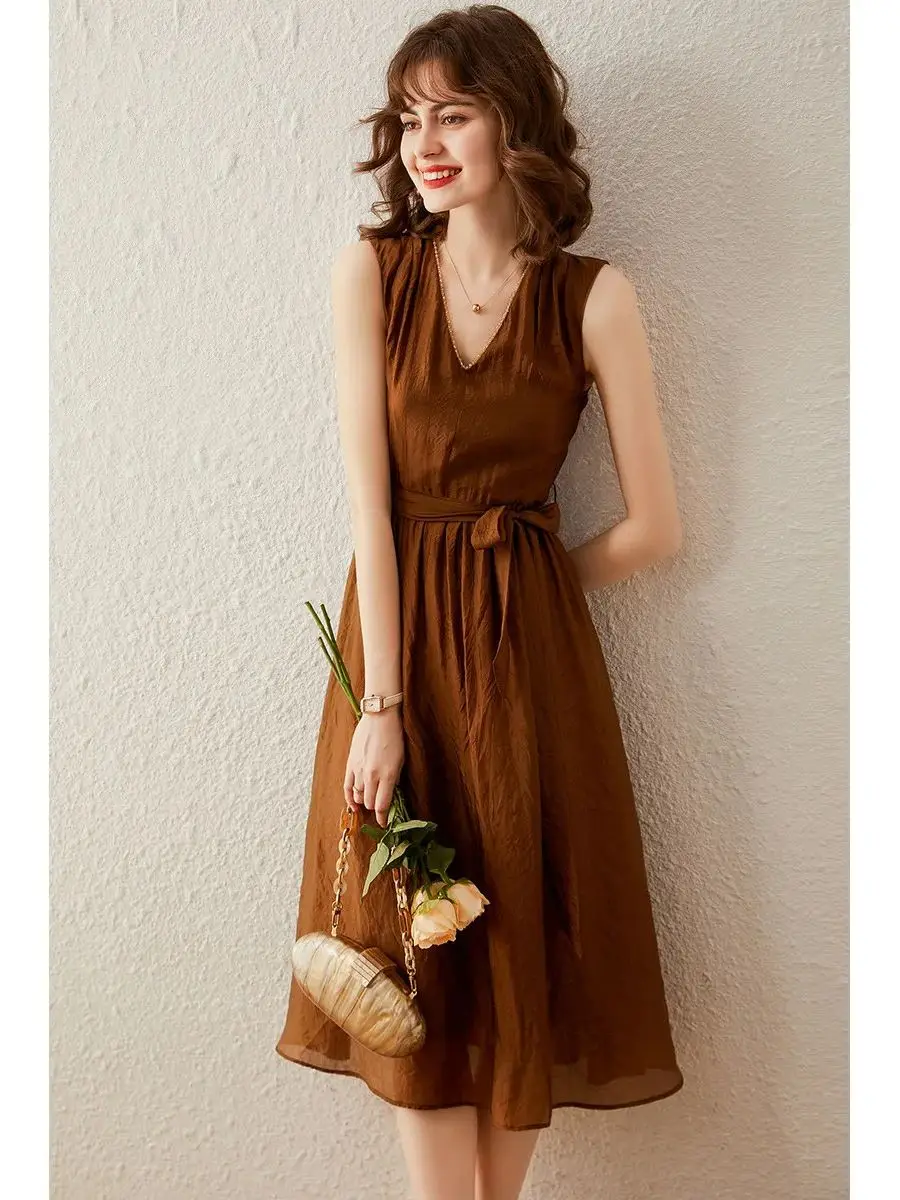 LOUIS YAO Women Dress V Neck Sleeveless 2024 Summer Solid Color Basic Elegant Fashionable Slim Fit Brown Black Long Dress