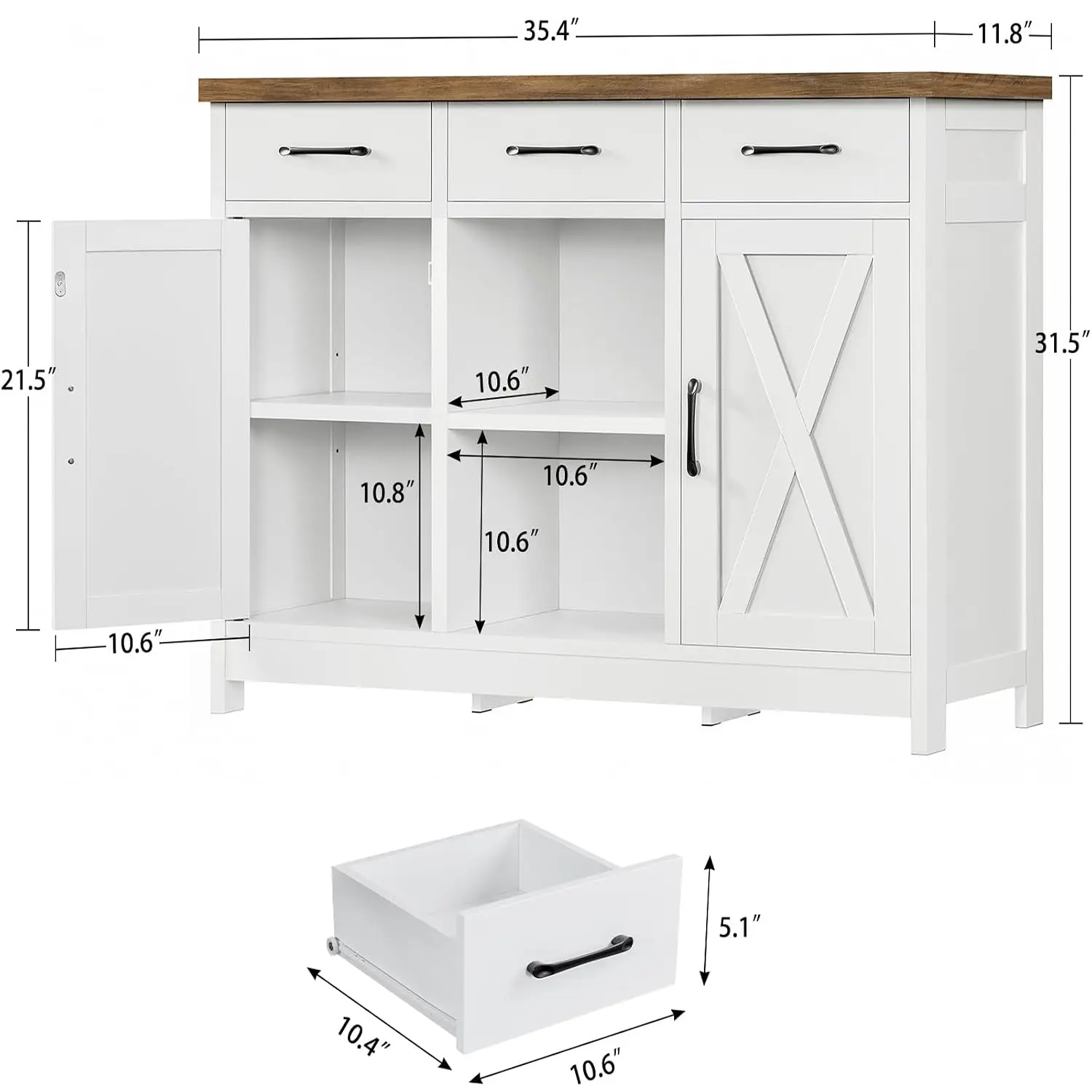 Storage Cabinet Coffee Bar Cabinet 3 Drawers 2 Adjustable Shelves & 2 Doors Buffet Kitchen Dining Living Room White, Customized