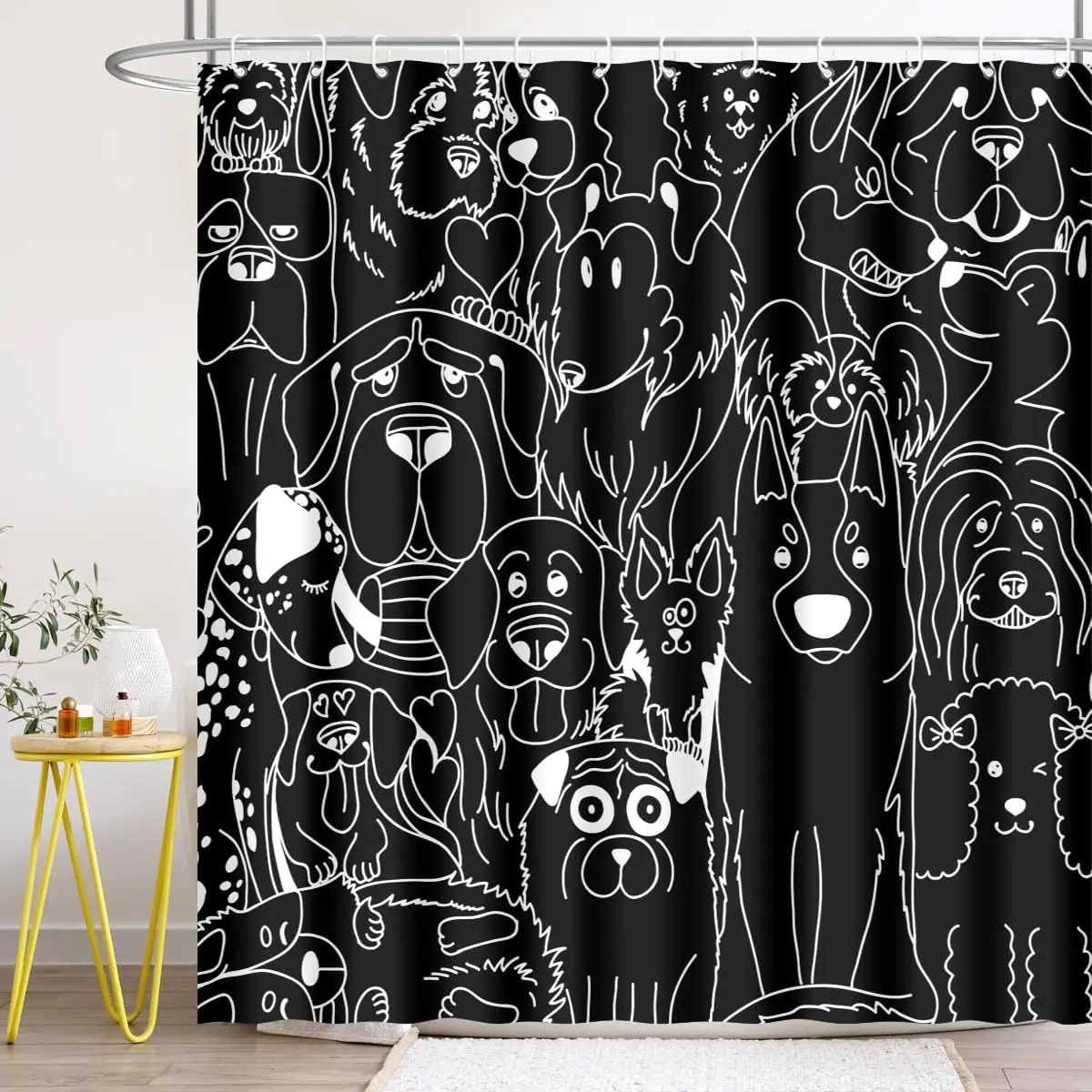 Funny Cute Dog Shower Curtain Cartoon Sketch Black and White Lovely Pet Animals Silhouette for Kids Black Simple Happy Bathroom