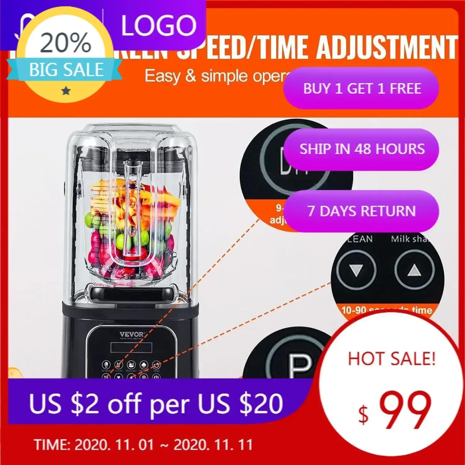 

Бестселлер: Профессиональный блендер с защитным кожухом, коммерческий настольный блендер с чашей 68 унций, комбо-набор из нержавеющей стали, 9 скоростей и 5 насадок