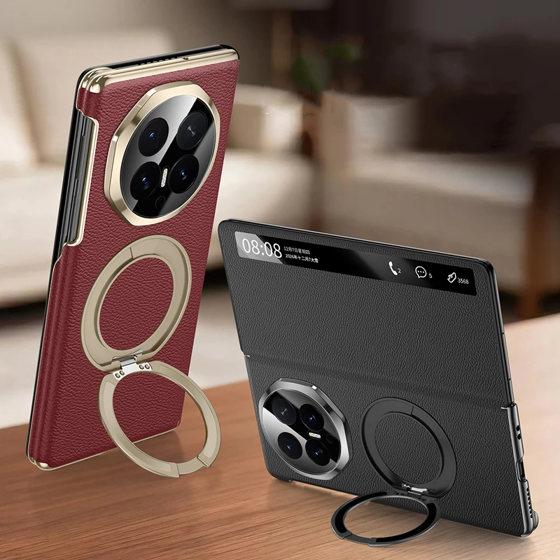 Premium Top-Grain Leather 360° Rotating Magnetic Stand Case for Honor Magic V6 Smart View Window Full-Coverage Business Cover